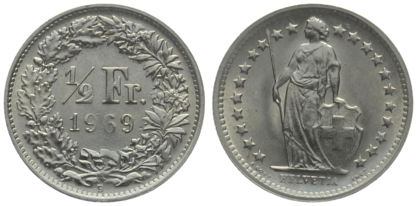 1/2 Franken 1969 B - Prägeschwäche 1(96)9